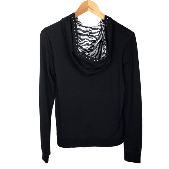 Belldini Rhinestone Zebra Print Zip UP Stretchy Hooded Jacket Black - Picture 2 of 9